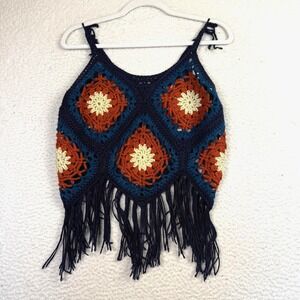 Crochet Homemade Tank Top Womens Small Multicolor Cropped Fringe Boho Festival